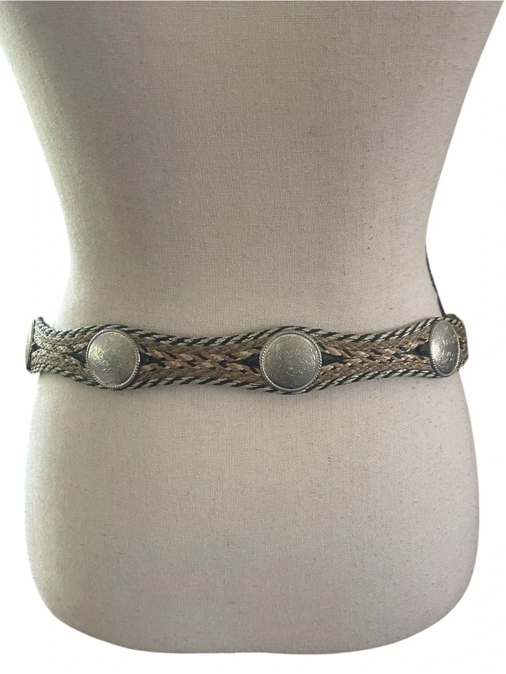 Western Leather Belt with Ornate Silver Conchos and Weaved Stiches Country Rodeo